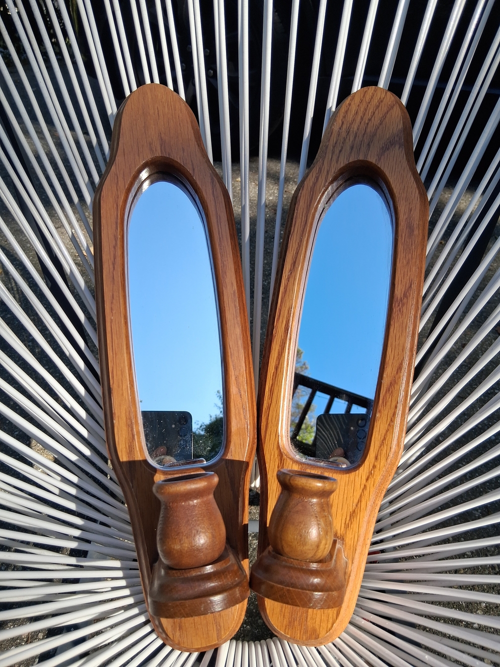 Vintage Home Interiors Pair Of Oak Wood Mirrored Candle Stick Wall Sconces